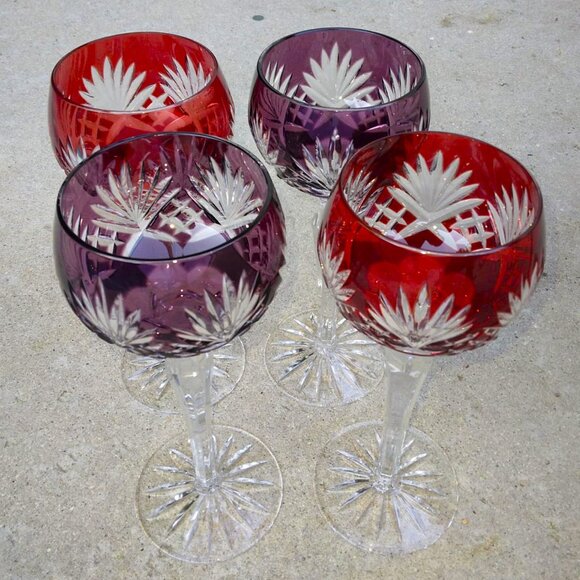 Set of 4 Ajka Caroline 9 Point Wine Hock Cut to Clear 2 Ruby/2 Amethyst Goblets - Picture 1 of 10